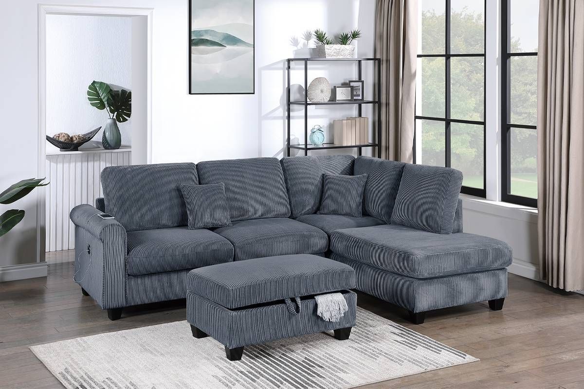 Xander Corduroy Sectional W/ Storage Ottoman & USB Port