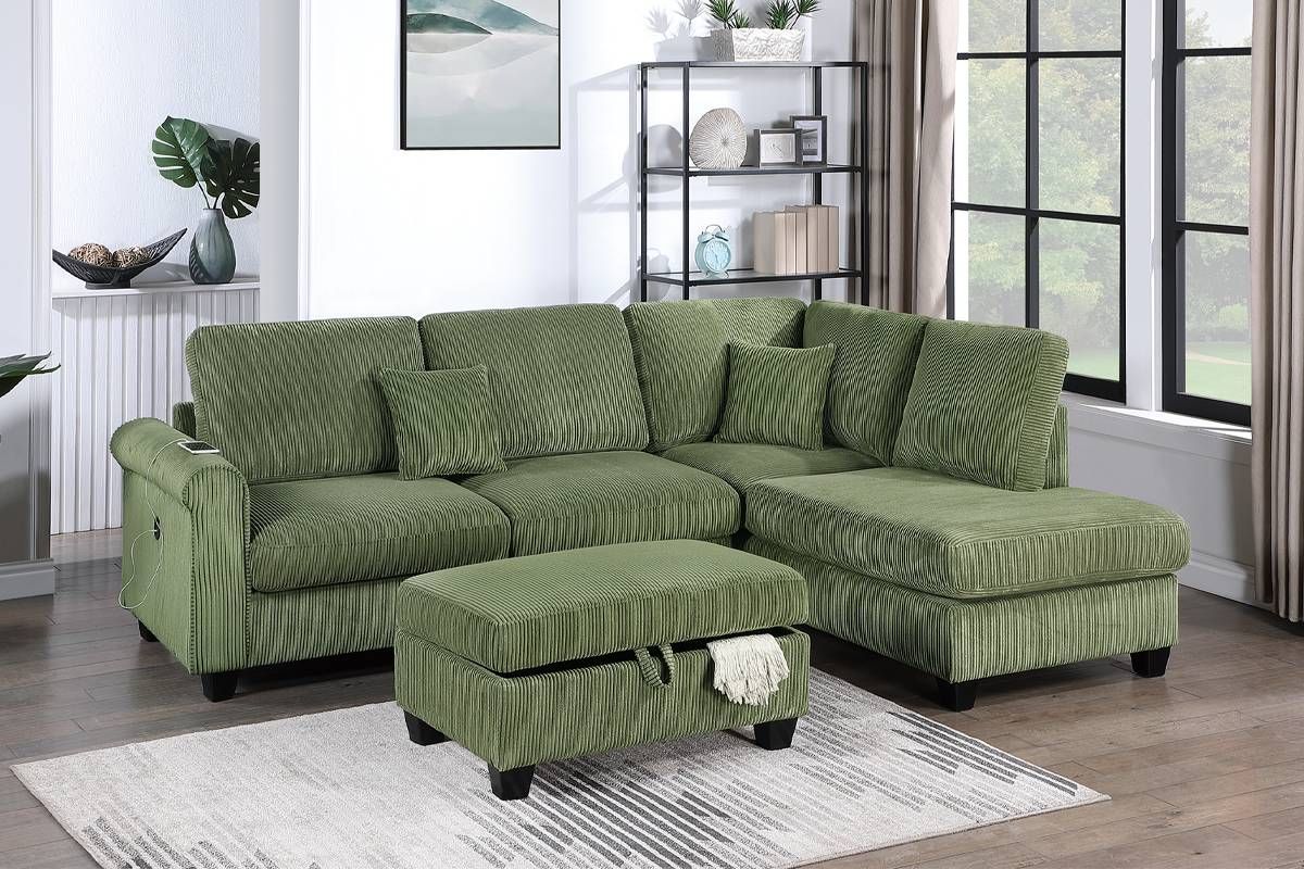 Xander Corduroy Sectional W/ Storage Ottoman & USB Port