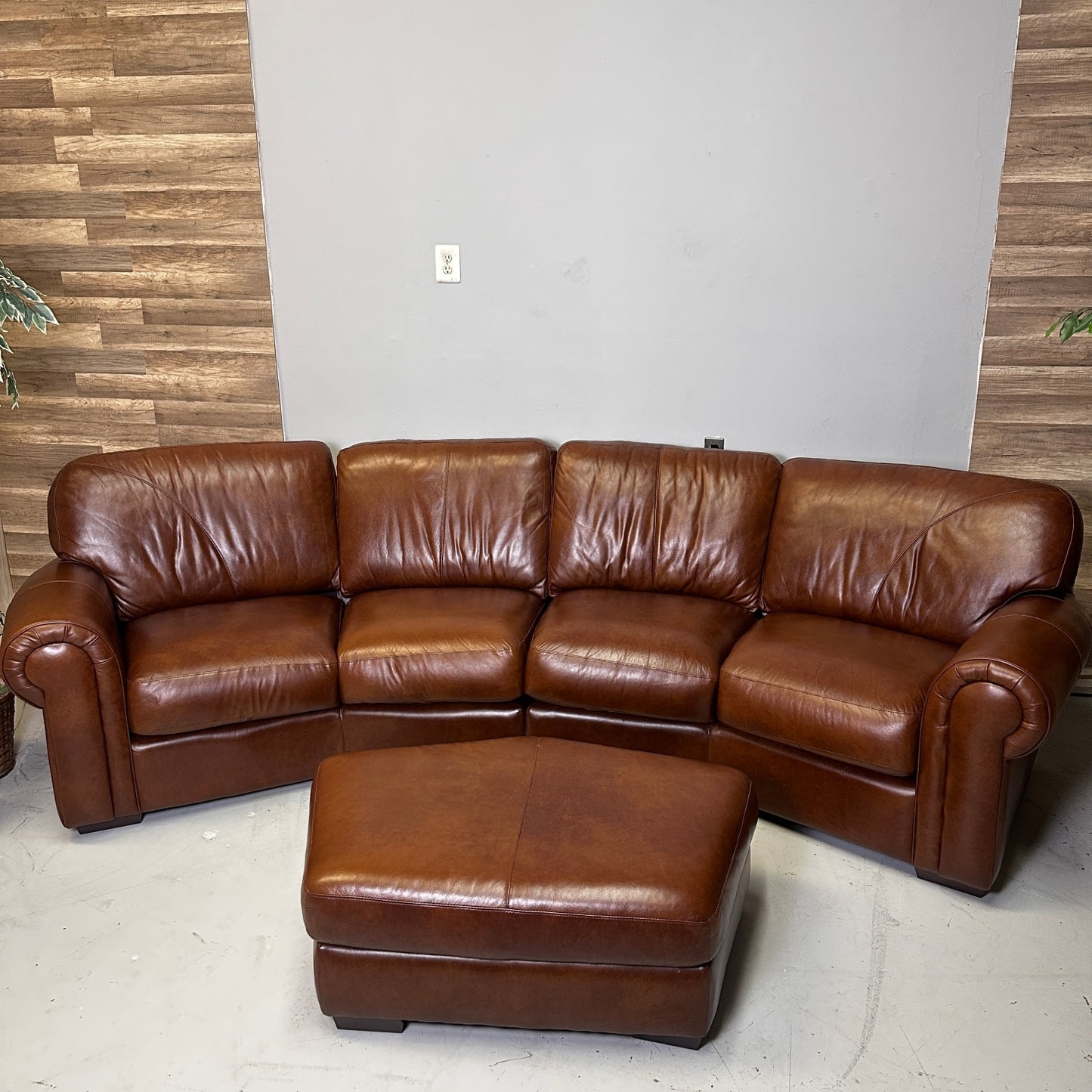 Genuine Brown Home Theater Curved Sectional With Ottoman