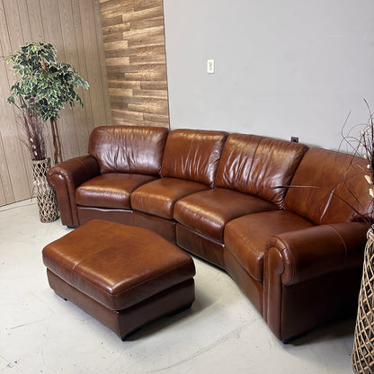 Genuine Brown Home Theater Curved Sectional With Ottoman