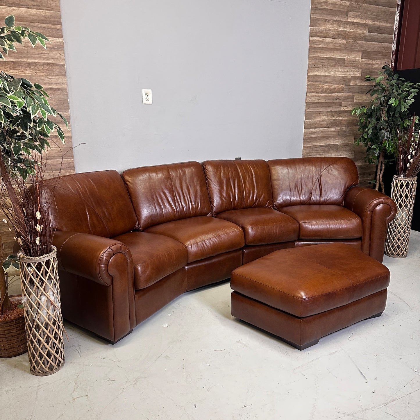 Genuine Brown Home Theater Curved Sectional With Ottoman