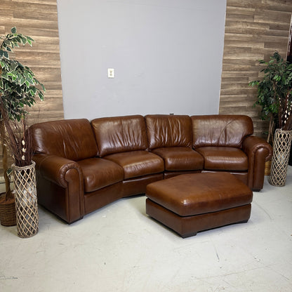 Genuine Brown Home Theater Curved Sectional With Ottoman